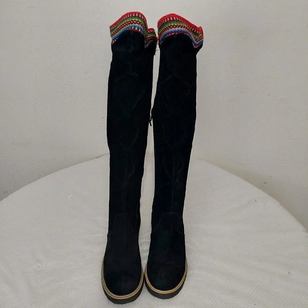 Inca Boot Company Electra Zora Over-The-Knee  Suede Embroidered Boots Black Sz 9